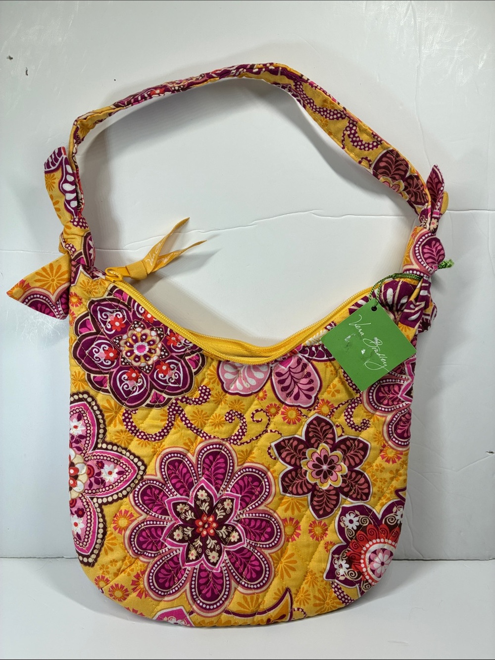 Vera Bradley Yellow Quilted Shoulder Bag with Pink Floral Motif